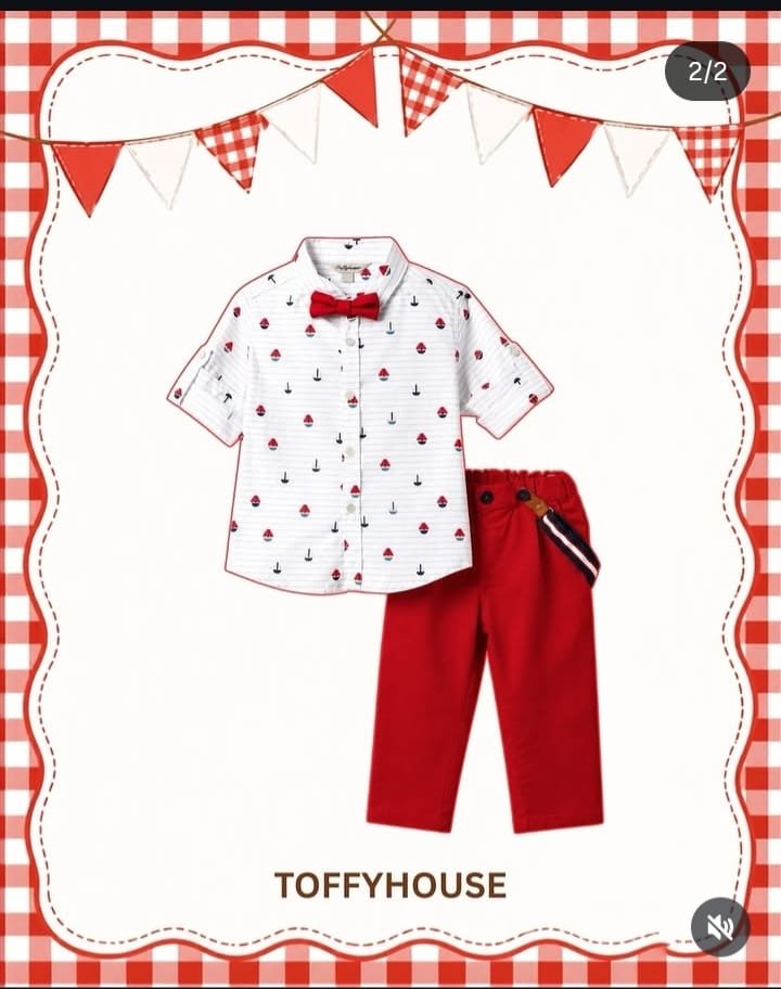 Boy's nautical print shirt, bow tie and red trousers set by Toffy House